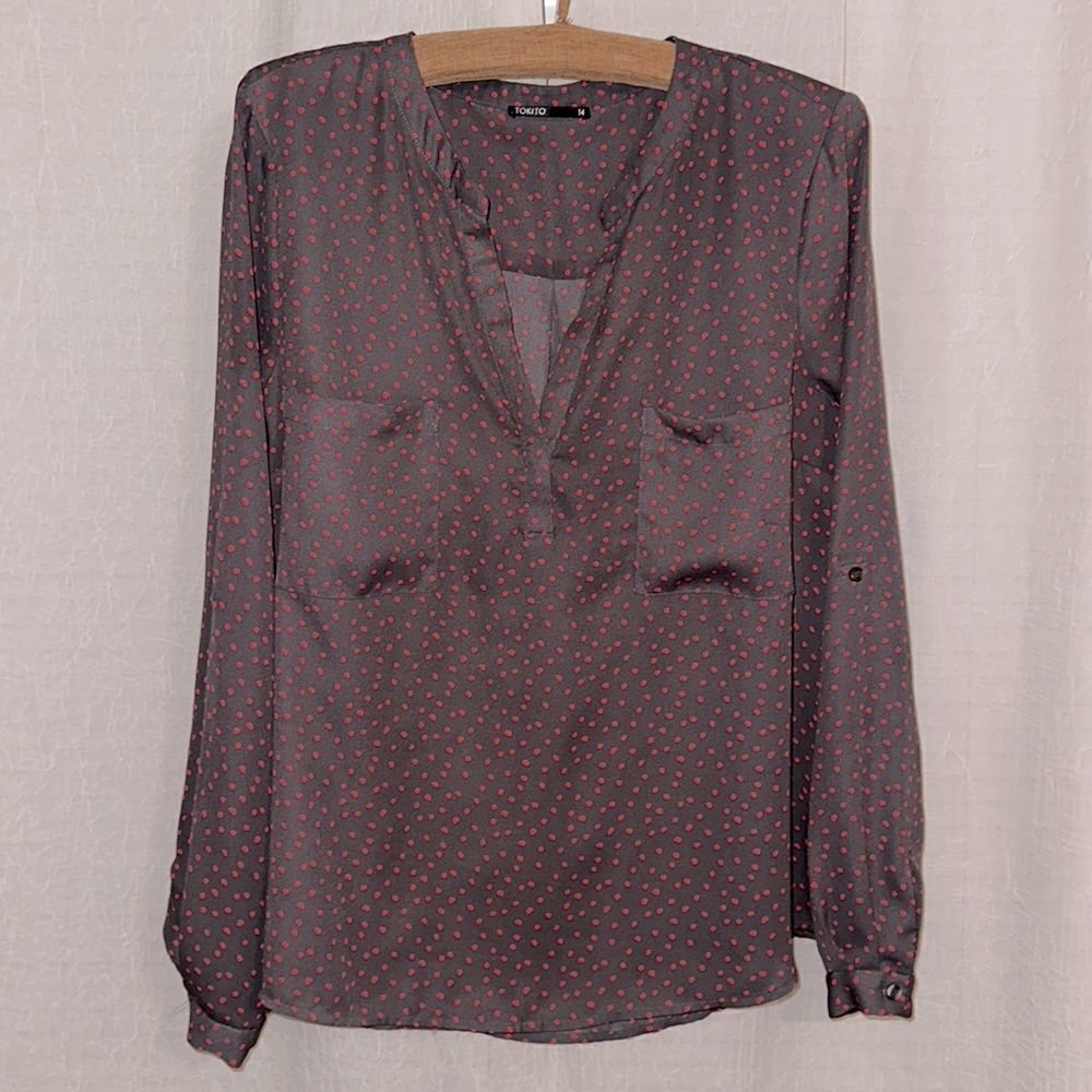 Tokito for MYER 12 Indigo Red Polka Romantic Long Sleeve V-Neck High Low Blouse